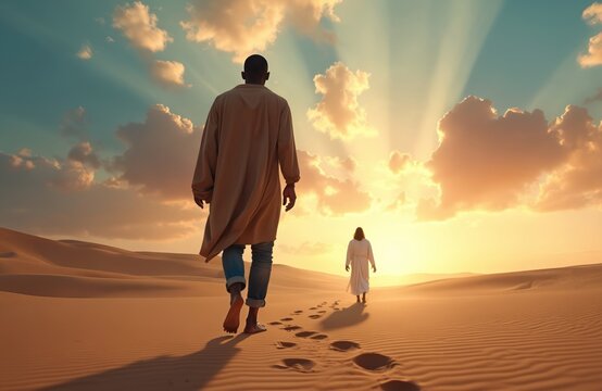 Man walks on sand desert following Jesus figure. Footprints mark path in arid landscape toward bright sky and sun rays. Spiritual journey concept.