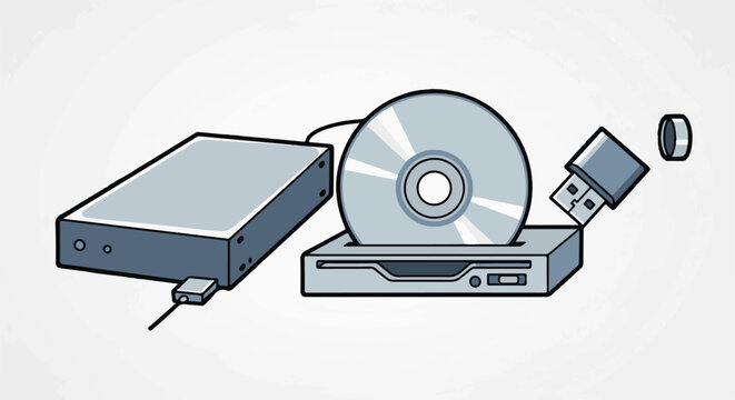 Digital storage devices and media including an external hard drive, CD player, and USB drive