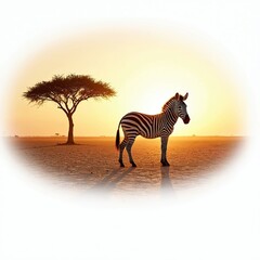 Obraz premium Zebra stands on dusty plain near acacia tree during golden sunset. Animal displays black and white stripes in African savanna landscape. Wild fauna awaits nightfall.