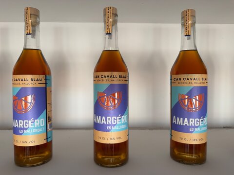 Mallorca, spain, april 20, 2026, amargero es mallorqui liqueur bottles, an alcohol product from can cavall blau in sencelles, mallorca, spain