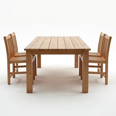 Fototapeta premium Simple rectangular wooden outdoor dining set. Light brown wood table with two slatted chairs. Rustic furniture for garden patio terrace. Natural wood tone, elegant design, comfortable seating.