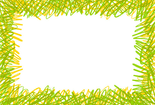 Hand drawn green and yellow crayon scribble frame. Messy pencil sketch border with copy space. Abstract child doodle background vector illustration.