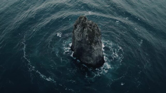 Aerial view of isolated sea stack rising from calm ocean water. Minimal coastal nature scene with rugged rock formation and open sea.