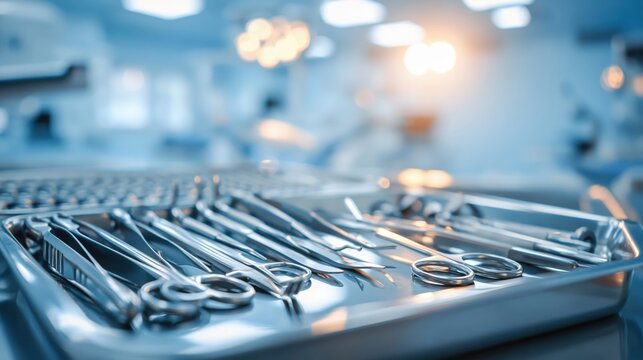 Sterile surgical instruments on metal tray in modern operating room, close up with shallow depth of field and blue clinical lighting, medical background.