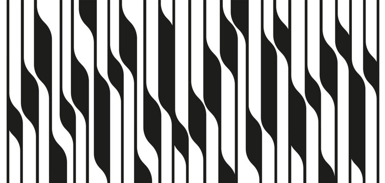 Abstract black and white vertical flowing lines pattern. Modern monochrome geometric background with offset dynamic stripes. Optical illusion vector texture.