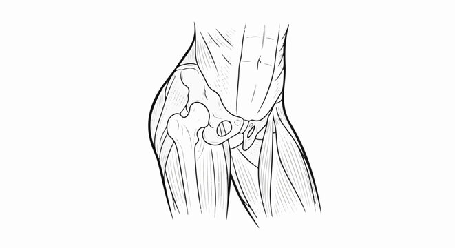 Detailed anatomical sketch of the human hip joint and surrounding musculature