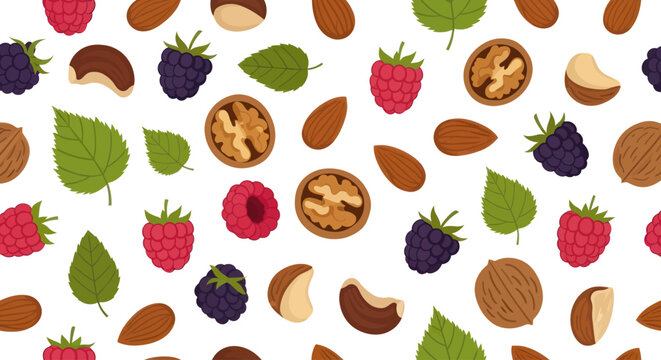 Seamless pattern of assorted nuts and berries on a white background.