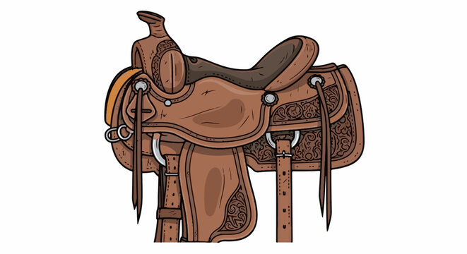 Detailed western saddle with ornate tooling, stirrups, and straps