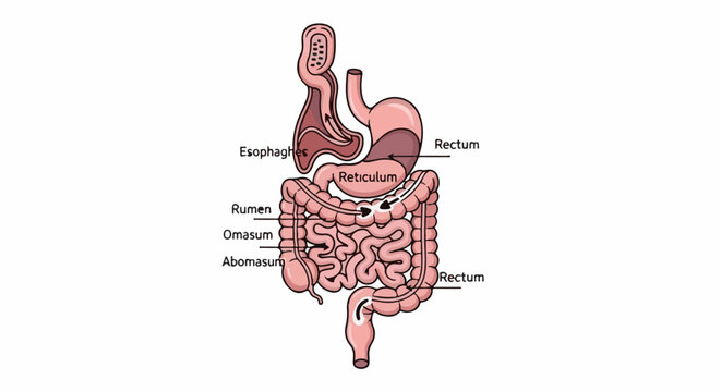 Diagram of a multi-chambered digestive system with labels pointing to various organs