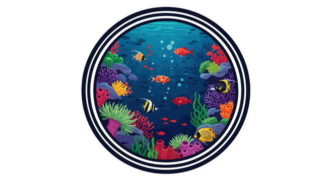 Vibrant coral reef scene with tropical fish inside a circular frame