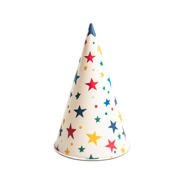 Party hat with colorful stars made for celebrations and gatherings during events like birthdays and anniversaries on transparent