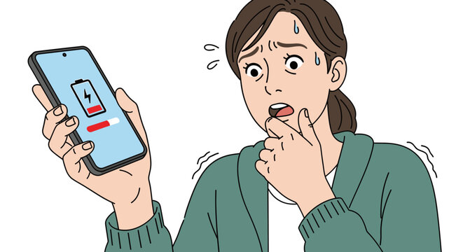 Person Looking at Phone with Low Battery Panic Concept