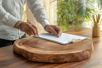 Fototapeta premium Person writing in a notebook on a wooden desk in a bright and airy office space