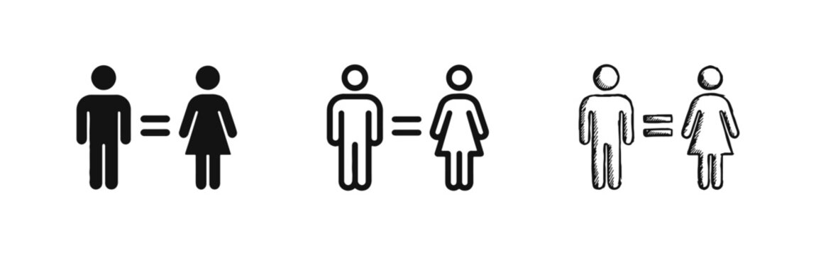 Gender equality icon set with male and female figures in solid outline and hand drawn styles