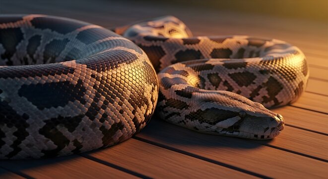 coiled snake on wooden deck in warm sunlight