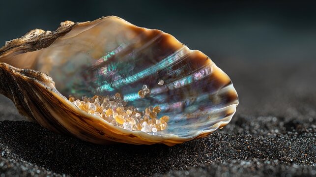 nautilus. Single open seashell with iridescent interior on dark sand, macro detail in soft light. travel magazines, destination branding, designed for outdoor magazines and nature guides.