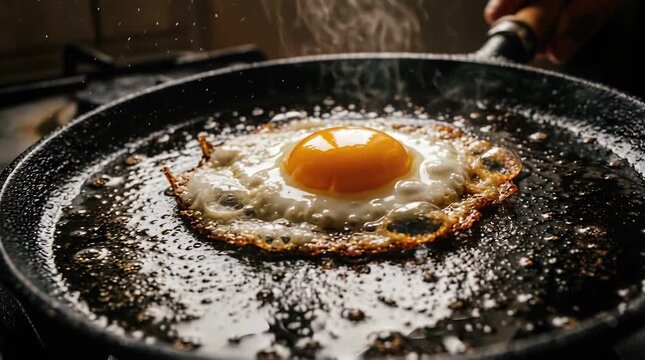 Close Up of a Fried Egg Cooking in a Cast Iron Skillet with Steam Rising and Oil Splattering in a Kitchen Setting