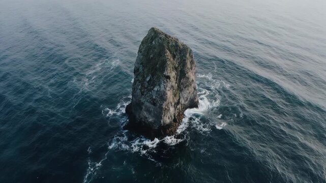 Aerial view of solitary sea stack surrounded by swirling blue ocean water