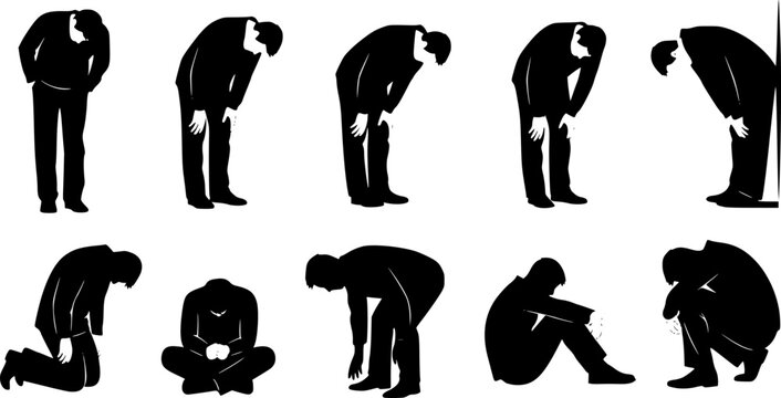 Vector collection of black silhouettes featuring men standing and bending in sad, tired, and depressed poses isolated on white background.

