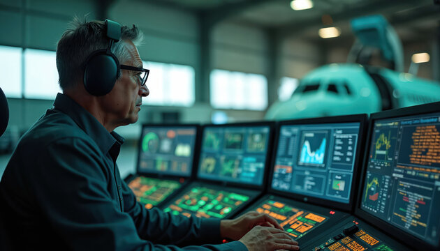 Man in headset uses complex screens in aircraft hangar. Technician works with data on monitors, controls aircraft systems. Future aviation tech and engineering expertise in a hangar environment.