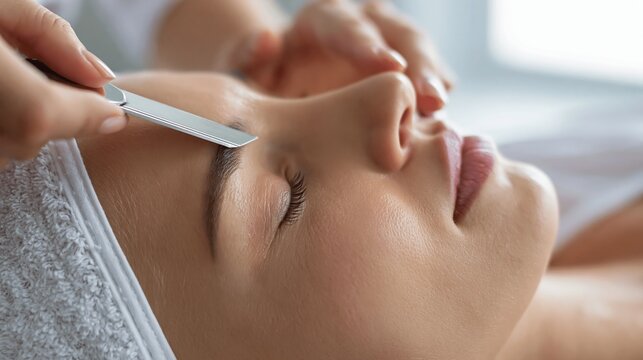 Close up of woman receiving eyebrow shaping with razor at beauty salon, relaxing with eyes closed during professional facial treatment.