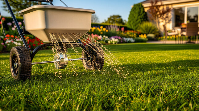 Push broadcast spreader distributing fertilizer pellets on a manicured green grass in spring garden.