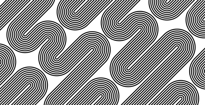 Abstract black and white geometric pattern. Retro background with continuous curved parallel lines. Monochrome vector illustration.