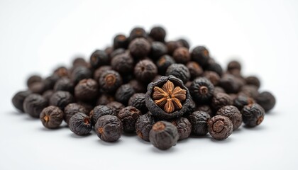 Fototapeta premium Pile of dried allspice berries and black pepper seeds. One allspice pod cracked open reveals star anise interior. Ingredients for cooking flavorful meals. Macro shot.