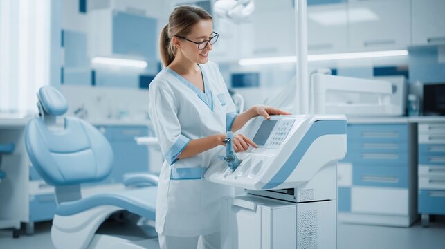 Female dentist using modern dental equipment in bright clinic interior, with copy space for healthcare advertising and dental practice marketing concepts.