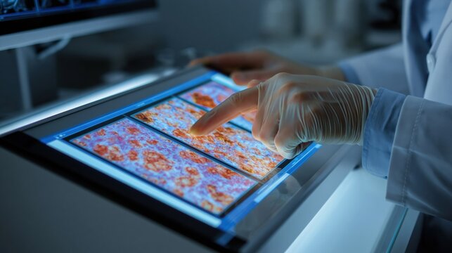Close up of scientist hands in gloves analyzing cancer cells on digital tablet screen in modern laboratory, medical research and diagnosis concept.