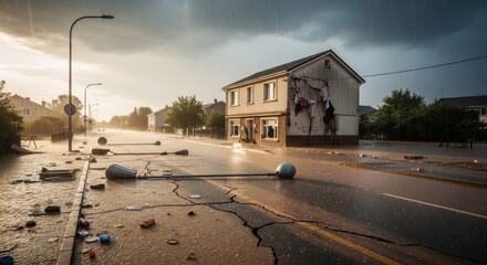Obraz premium Devastating Flood Waters Engulf Residential Neighborhood Streets.