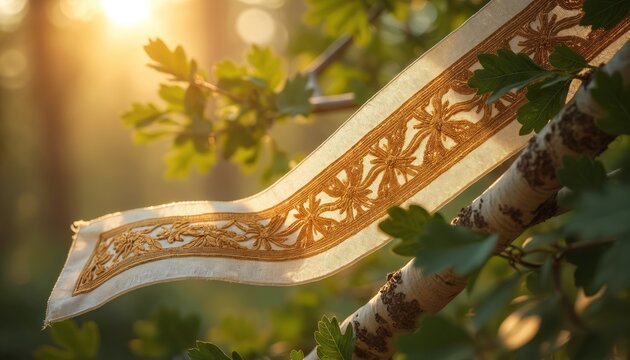 Ornate linen sash with gold embroidery hangs on tree branch with oak leaves bathed in warm sunlight. It symbolizes rich heritage, cultural traditions, ideal for celebrating national pride, history.