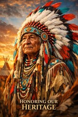 Obraz premium Native American Elder in Traditional Headdress at Sunset