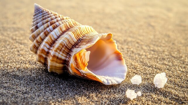 nautilus. Single open seashell with iridescent interior on dark sand, macro detail in soft light. travel magazines, destination branding, designed for outdoor magazines and nature guides.
