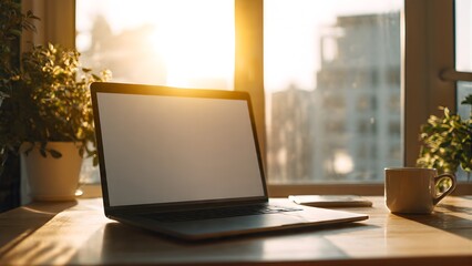 Fototapeta premium Laptop on a Desk Bathed in Golden Morning Sunlight Near a Window.