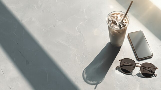 Iced coffee smartphone and sunglasses casting long shadows on light concrete background with copy space for summer lifestyle advertising or social media banner.