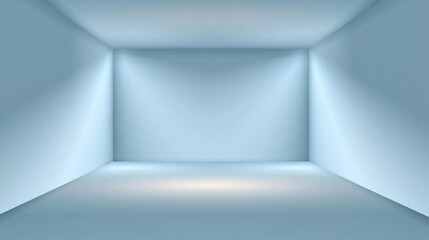 Fototapeta premium Empty light blue room interior with soft spotlights and clean walls, modern minimal background with copy space for product display or advertising banner.