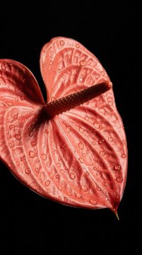 Close up of a vibrant coral anthurium flower with water droplets against a stark black background showcasing delicate textures and a central spadix illuminated by soft studio lighting