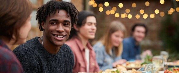 Fototapeta premium diverse pals sharing a feast at a sunny outdoor table