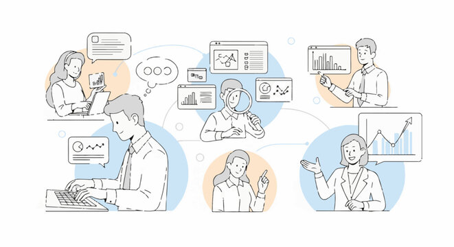 Diverse professionals collaborate, analyze data, and present findings using technology