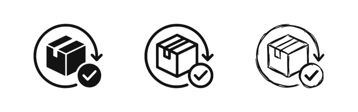 Package Delivery Success Icon Set with Box and Checkmark in Three Different Styles
