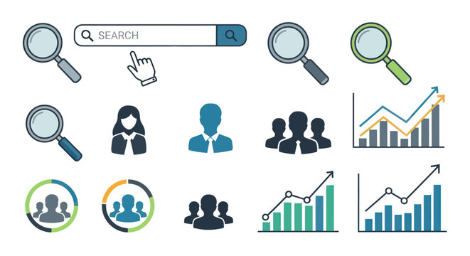 Business analytics icons with search, people, and graph elements.