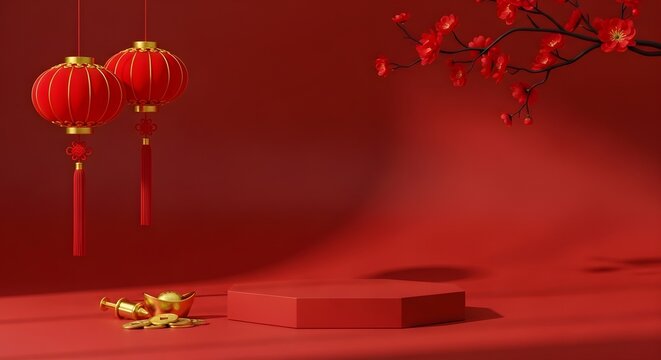 Chinese New Year Red Podium with Lanterns and Cherry Blossoms for Product Display