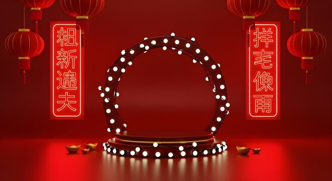 3D Festive Chinese New Year Product Display Podium with Red Lanterns, Neon Signs and Fairy Lights for Lunar New Year Promotion