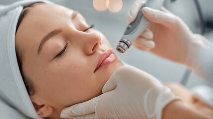 Naklejka premium Close up of woman receiving professional facial treatment with skincare device at beauty clinic, concept of dermatology, spa and cosmetic procedure.