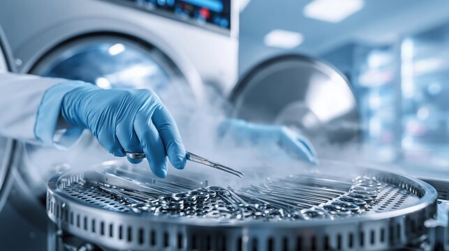 Close up of gloved hand removing sterilized surgical instruments from autoclave in modern hospital sterilization room, medical hygiene and safety concept.