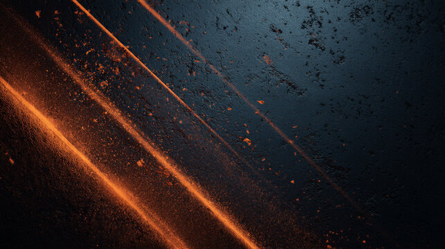 Dark matte metal texture background with scratches and oxidation. Orange volumetric light glow in corners. Clean negative space on right for logo. 8K HD render for tech widescreen hero banner.
