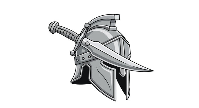 Illustration of a metallic gladiator helmet with a sword on a white background in grayscale.
