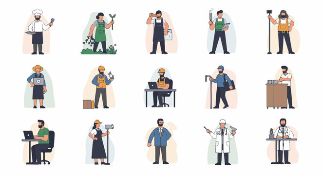 Diverse pixel art professions chef, gardener, builder, technician, surveyor, entrepreneur, laborer, manager, traveler, coder, and doctor