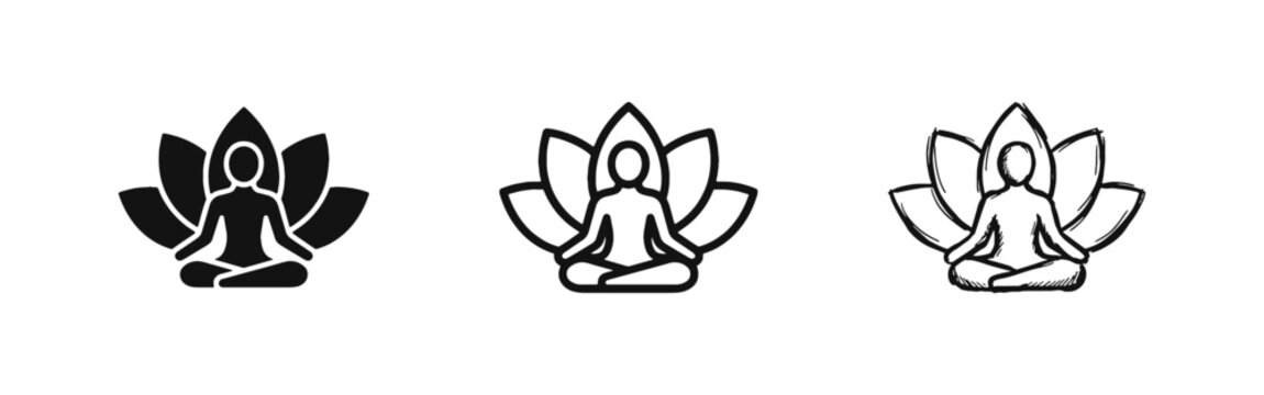 Yoga Meditation Icon Set with Person in Lotus Pose and Flower in Three Different Styles